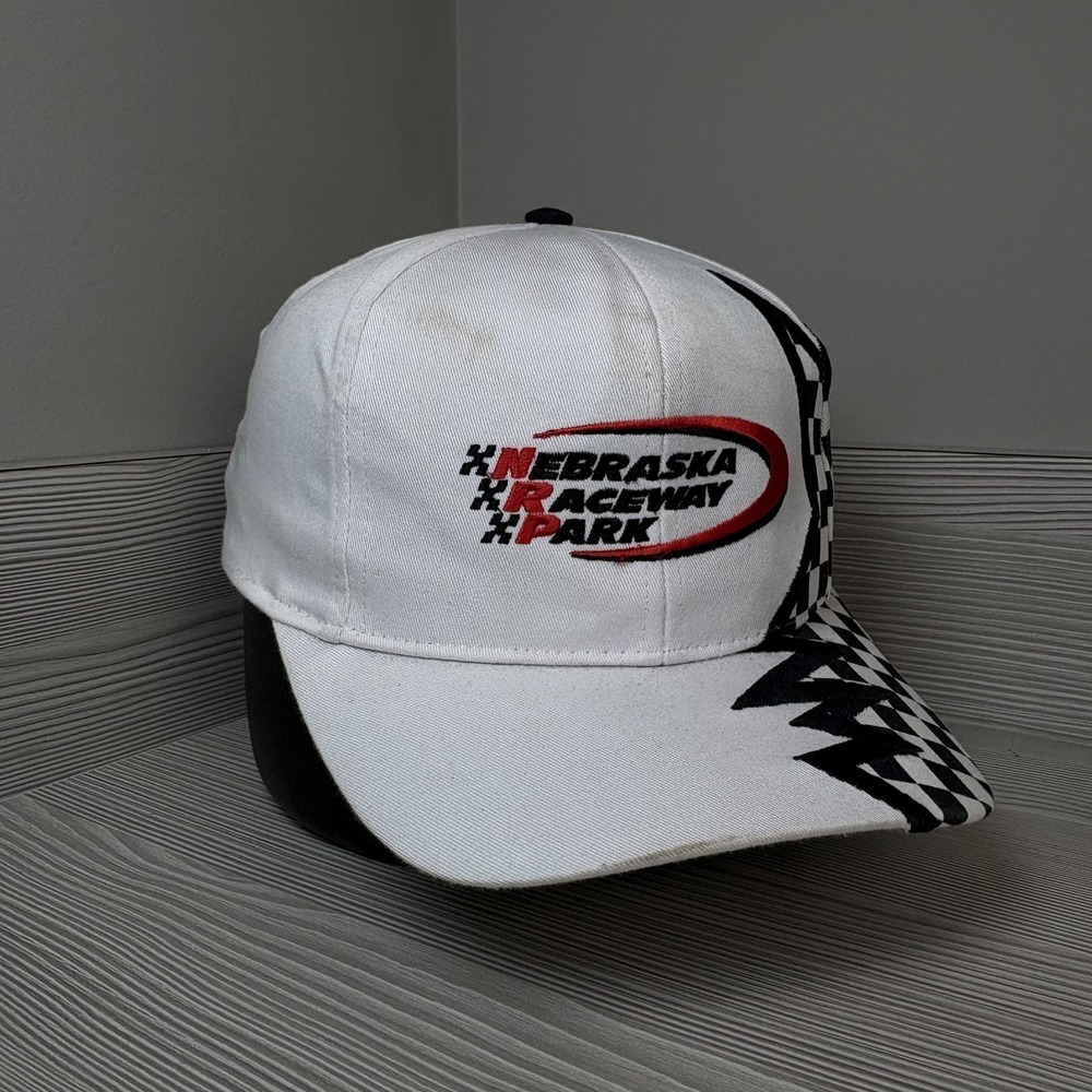 Vintage 90's Nebraska Raceway Racing Checkered Hat White Cap Snapback Adjustable